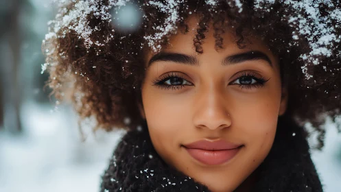 Snow kissed curls glow around a serene winter smile