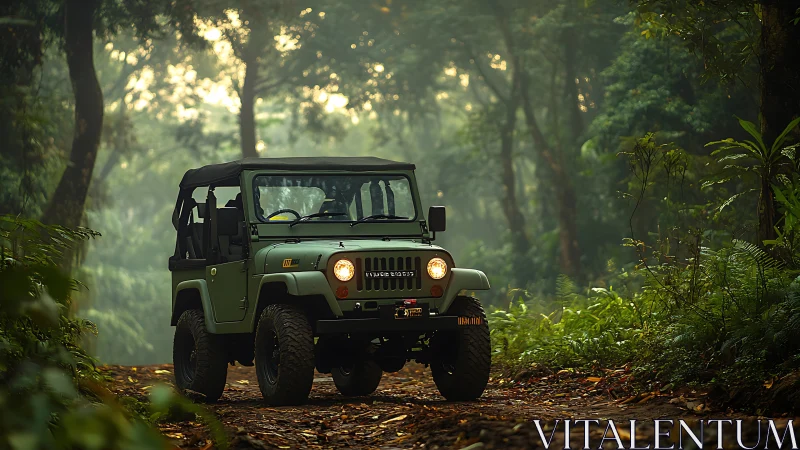 Misty jungle trail crowns the moss‑green off‑road wanderer