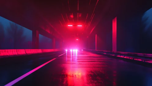 Neon lights burn through a foggy cyberpunk freeway tunnel