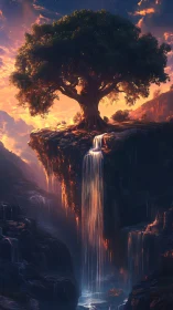 Sunlit skyroot tree above a shimmering cliff cascade.