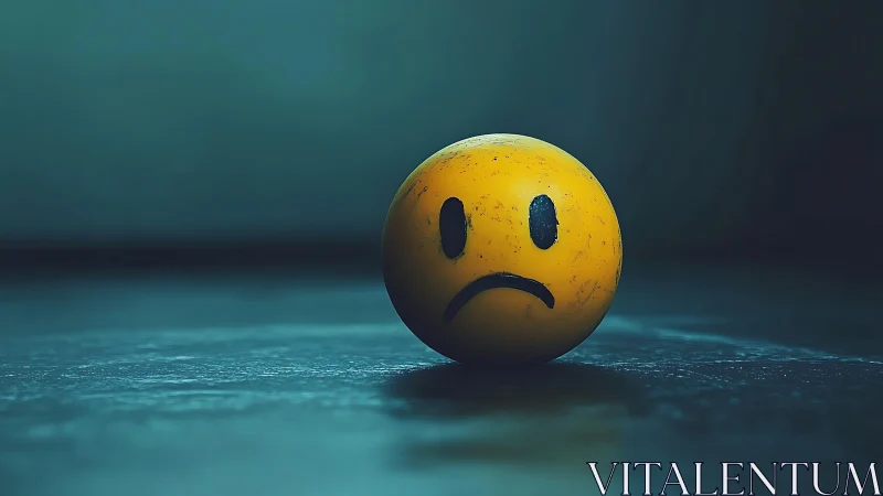 Lonely sad smiley ball rests quietly on a dark floor