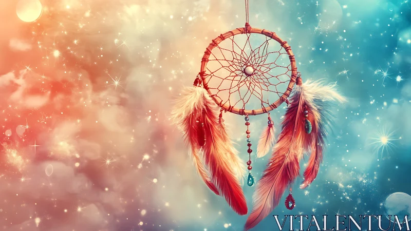 Dreamcatcher with red feathers in bokeh starlit sky glow