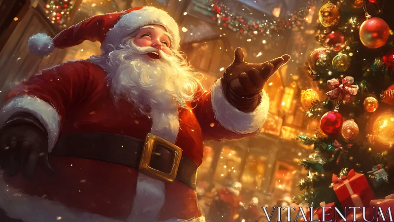 Santa basks in golden snowfall beside glowing Christmas tree.