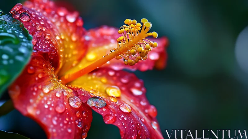Macro view of wet red hibiscus flower and yellow stigma.