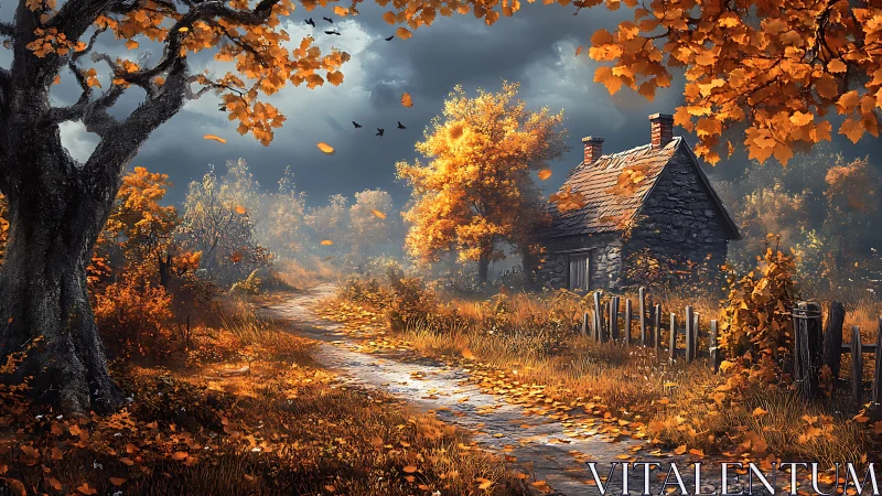 Autumnal forest lane with stone cottage under storm sky.