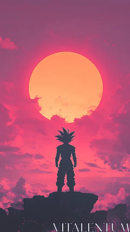 Saiyan silhouette faces neon sun over magenta clouds.
