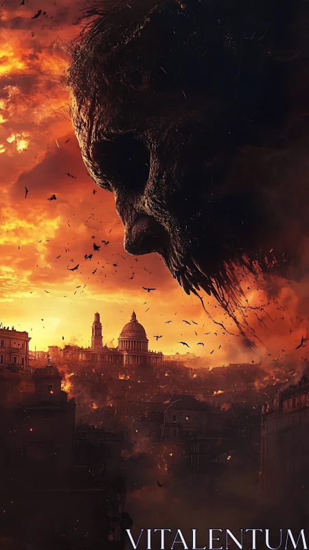 Colossal ash-skull entity looming over burning neoclassical city