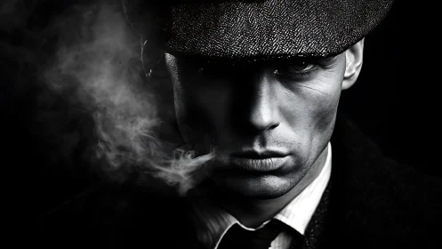 Smoke carves a ruthless silhouette beneath the flat cap