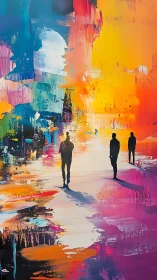 Silhouetted figures walk through a luminous abstract cityscape.