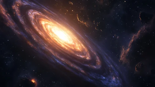 Spiraling stellar galaxy with radiant golden core glow.