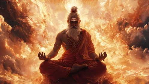Serene fire-lit sage meditating in a glowing cosmic storm.