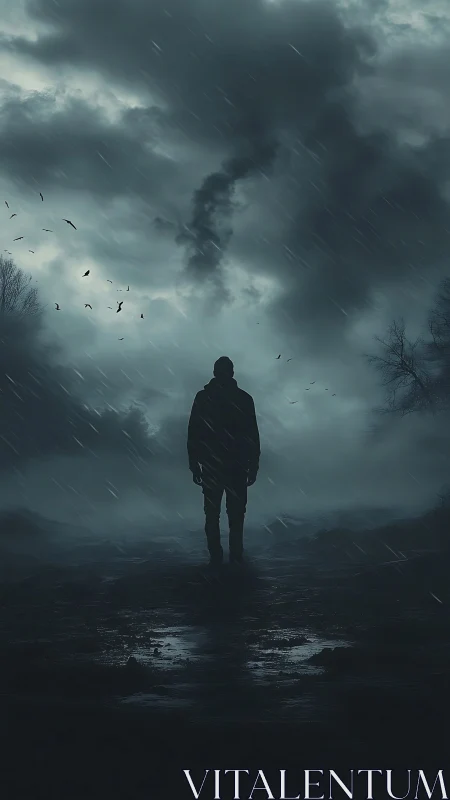 Stormy night wanderer pauses gently beneath brooding skies