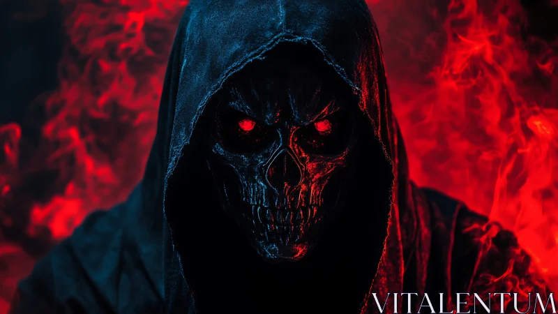 Hooded skeletal reaper emerging from crimson inferno.