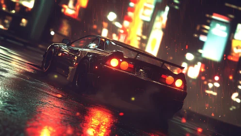 Night city supercar glowing through neon rain and reflections.