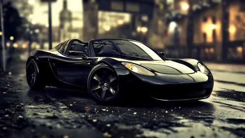 Sleek black sports car waits on a rain-soaked city street