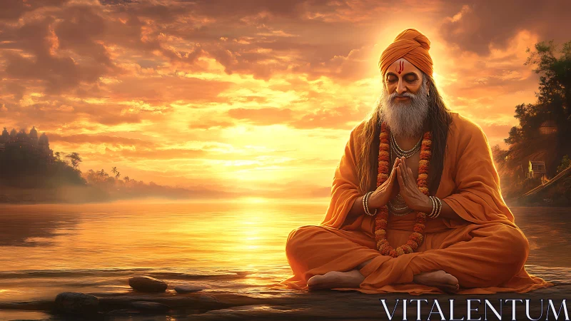 Ascetic monk in saffron robes meditates by radiant riverside sunset