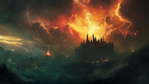 Burning fortress rises beneath apocalyptic inferno sky