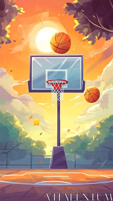 Sunlit park court with soaring basketballs at golden hour.