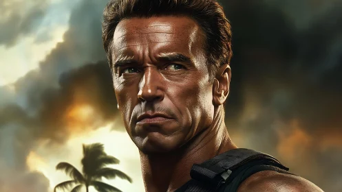 Storm-lit action hero gazes ahead with intense resolve