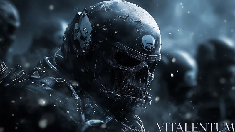 Armored cyber-skull trooper advances through blizzard haze