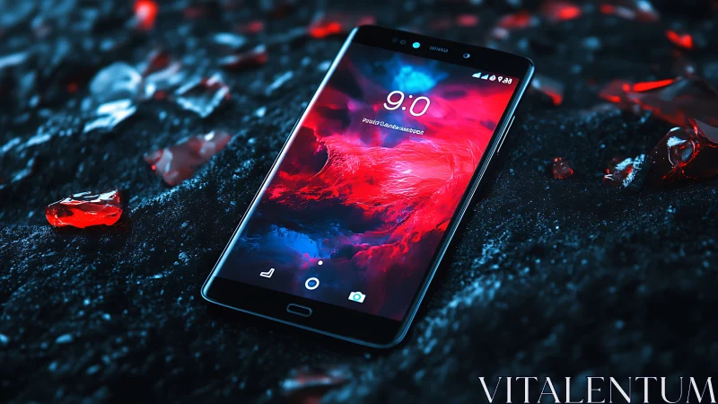 Smartphone on dark textured ground with red glass shards.