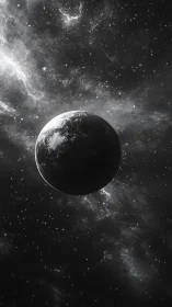 Quiet planet drifting through a silver-speckled night sky.