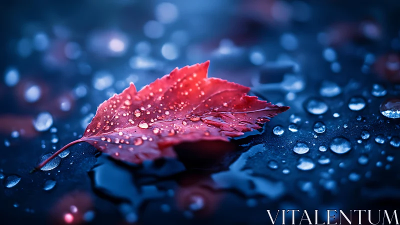 Scarlet rain-soaked leaf adrift on midnight blue pavement.