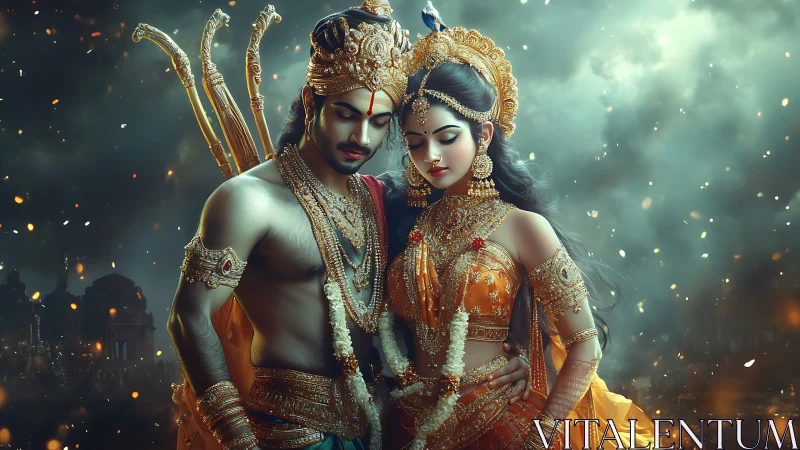 Digital painting of divine royal couple in glowing regalia.