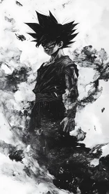 Monochrome anime warrior in ink-splatter energy field.