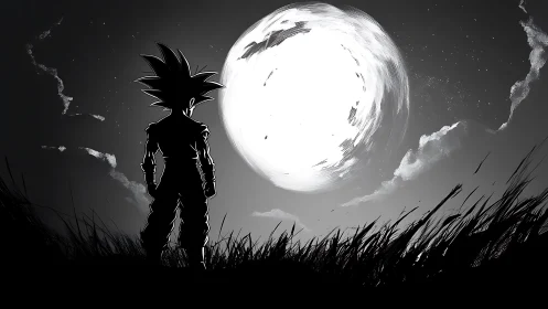 Silhouetted spiky-haired figure facing large luminous moon.