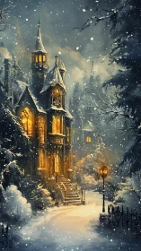 Gothic manor glows in snowy twilight forest landscape.