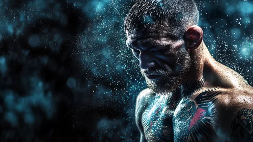 Tattooed fighter in rain with dramatic blue backlight.