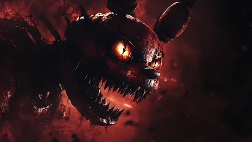 Burning-eyed animatronic monster head in blood-red haze