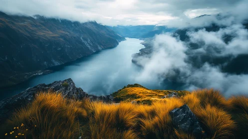 Cloud-kissed fjord and molten-gold grasses at dawn’s edge.