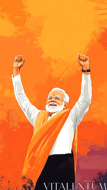 Celebratory digital portrait of leader with raised arms.