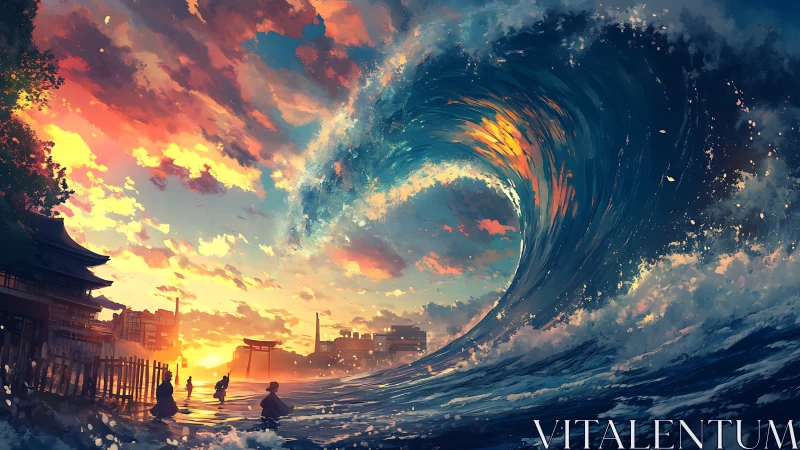 Colossal wave curls over sunset-lit Japanese shoreline.