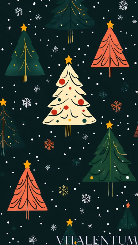 Stylized Christmas trees repeat over dark snowy background