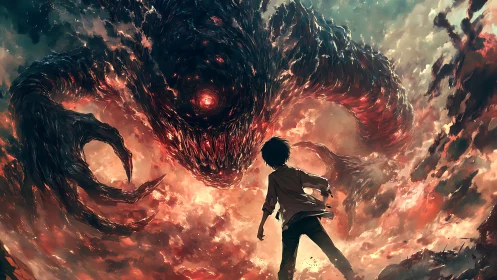 Lone hero confronts colossal fiery void-born monster in sky