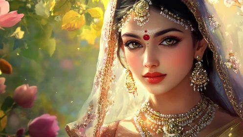 Digital portrait of jeweled Indian bride in soft bokeh garden light