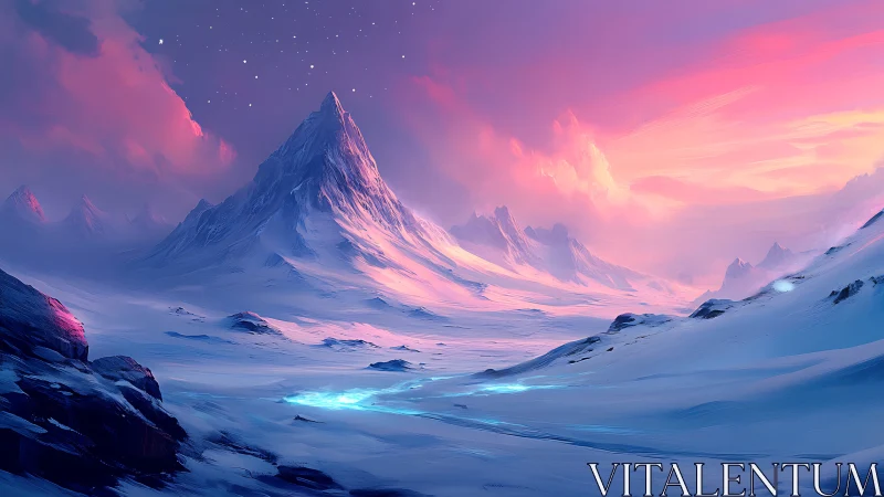 Snow-covered mountain range under vivid pink twilight sky