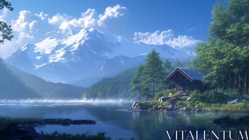 Mountain lake cabin beneath luminous snowcapped peaks.