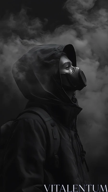Solitary hooded wanderer in gas mask amid swirling smoke.