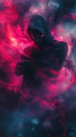 Hooded shadow figure in red and blue swirling smoke.