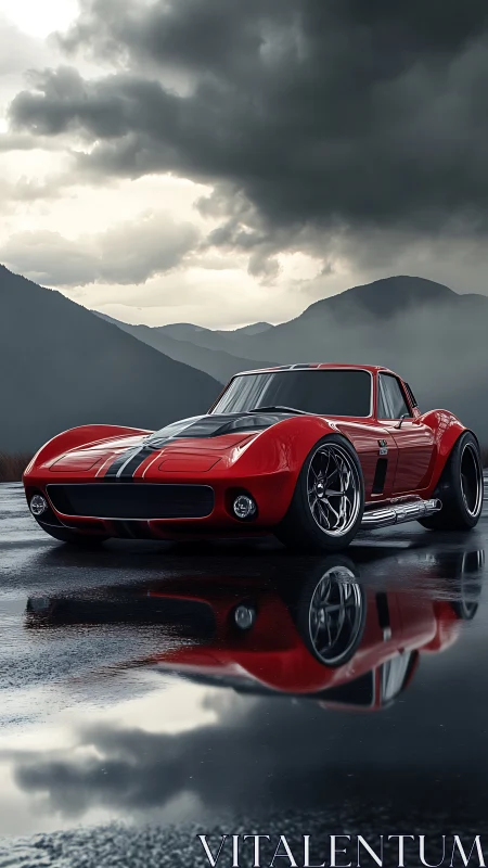 Red vintage race car reflects on wet mountain road