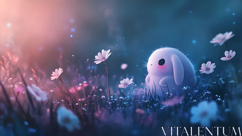 Soft white bunny sits in glowing meadow under dreamy light