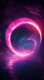Luminous magenta energy ring receding through reflective tunnel
