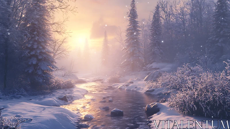 Winter sunrise over crystalline forest river glow.