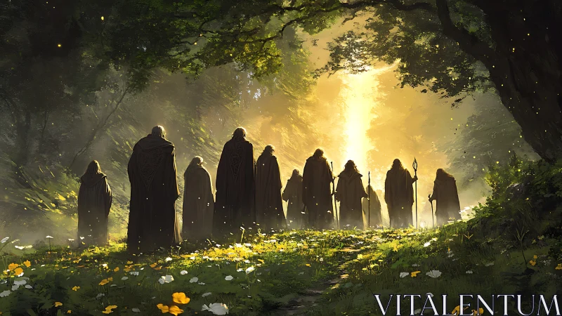 Cloaked druids converge beneath sylvan lumen rift portal.