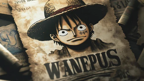 Scruffy straw-hat rogue glaring from tattered wanted poster.