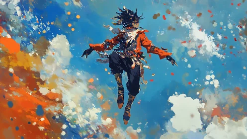 Skybound warrior suspended in fragmented chromatic clouds.